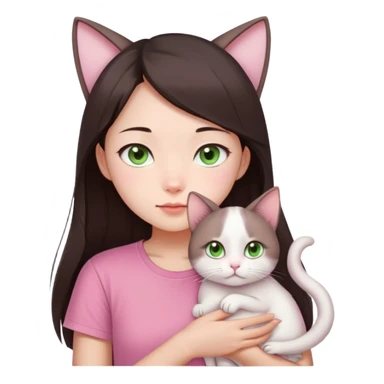 This Chinese girl has fair skin. She has long semi-short dark brown hair and is wearing a pink T-shirt. She is holding a white folded-eared cat, her cat has light green eyes sticker