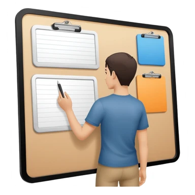 Minimalistic flat vector icon, iOS style, thin black contour on white background. Person silhouette with a project board (kanban/task board) behind. No text, no shadows.
 sticker