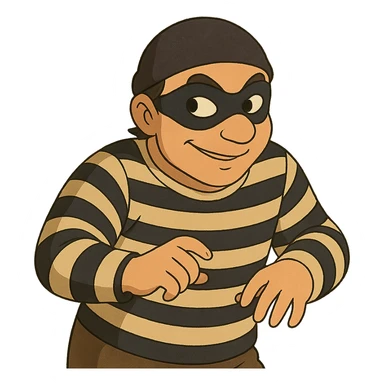 ghibli style robber with sneaky expression, black mask, striped shirt sticker
