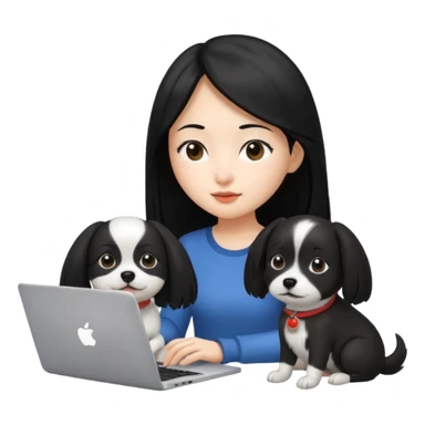 Asian girl with long black hair working on an Apple laptop, next to her is a small black and white dog sticker