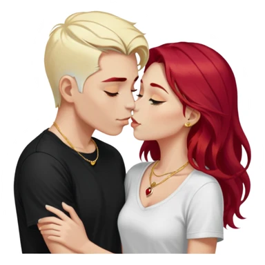 couple kissing, girl with long cherry red hair, blonde eyebrows, gold A necklace, boy with SHORT PURE WHITE HAIR (not blonde, not gray, but WHITE like snow), dark t-shirt, silver ring sticker