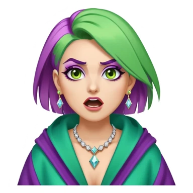 Lighter skinned woman with straight green hair and diamond hoop earrings on and purple cut crease eye makeup with brown eyebrows and a green pink blue and yellow robe on shouting angrily wearing a diamond necklace  sticker