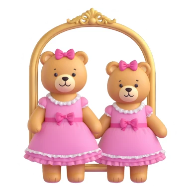 plush bear in a frilly pink dress with bows, standing by a gold-framed mirror in a sunlit pastel room, 3D iOS emoji style, cute and vibrant sticker