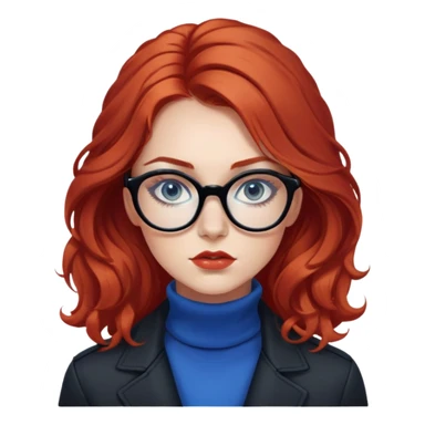 Nữ 25 tuổi, da trắng, tóc dài xoăn nhẹ màu đỏ, gọng kính màu đen, mắt kính màu xanh dương, mặt nghiêm túc, lông mi dài, trang điểm khá đậm, áo khoác cổ cao màu đen, áo trong màu trắng sticker