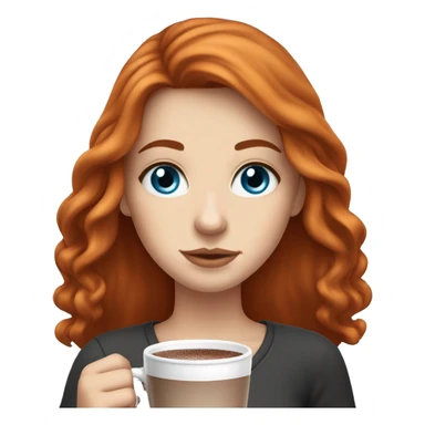 white girl with red long hair and blue eyes and a hot chocolate sticker