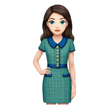 a 30 year old female venture capitalist with 50% greek and 50% american genes, 6 ft tall, long dark brown hair and blue/green eyes, wearing a chanel tweed professional dress sticker