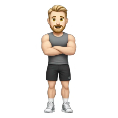 Full height Pale skinned fit man With biceps, Realistic eyes and mouth, light brown hair and stubble In dark gray sleeveless mike, black oversize sports shorts, watch and white sneakers. sticker