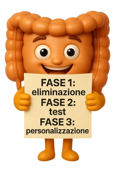 emoji stile iphone 3d di un intestino che tiene in mano un foglio con la scritta "FASE 1: eliminazione, FASE 2: test, FASE 3: personalizzazione, IPERREALISTICO 4K sticker