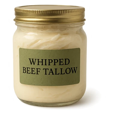 sealed jar of whipped beef tallow, green label, rustic look, creamy contents, clean background sticker