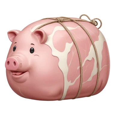 whole raw pork roast, thick rounded shape, light pink flesh, smooth slightly moist surface, creamy white fat cap on top, subtle marbling, optionally tied with simple butcher's twine, no tray, no garnish, no extras, soft lighting, subtle shadows, emoji scale sticker