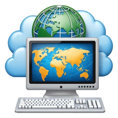 An icon featuring a computer monitor displaying code, a globe with network nodes, and a circuit board, symbolizing IT. The design includes data streams, cloud storage, and a keyboard, representing digital innovation, connectivity, and problem-solving. Transparent background sticker