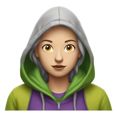 white woman who is homeless, disheveld wearing green hoodie and purple shirt with yellowish eyes sticker