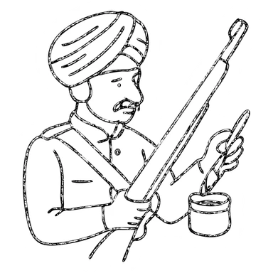Indian soldier greasing a gun, hand drawn outlined icon sticker