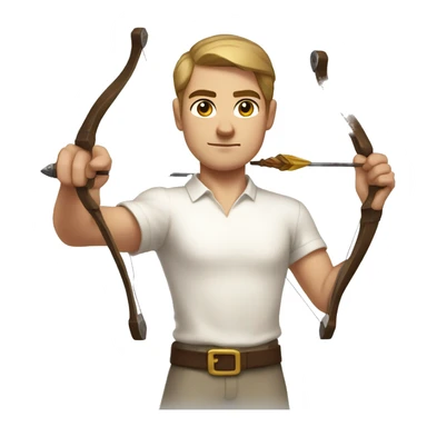 a male archer bending a bow, wearing a white shirt, very short brown hair, bright skin, only show upper part of the body from waist up sticker