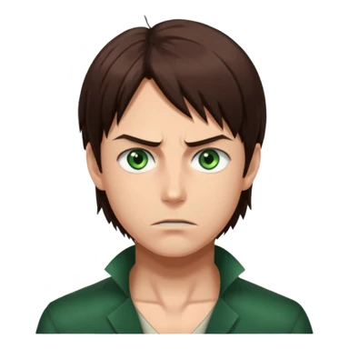 “Create an avatar that looks like Eren Yeager from Attack on Titan, Season 3 — sharp jawline, tied-back long brown hair, intense green eyes, serious expression.” sticker