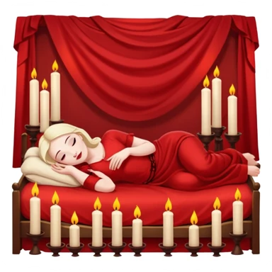 Low bed, red sheets, candles everywhere, woman reclining in shadowed control sticker