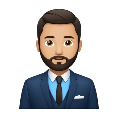 emoji-style man with short dark hair and beard, wearing black suit jacket and white shirt, blue background with white laurel graphic sticker
