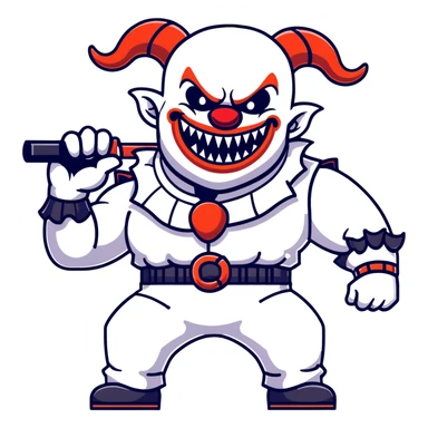 full-body muscular demonic clown, battle-ready, black and white leisure suit with bellbottom pants, bald, black ram horns, flashy black and white belt, ruffled white shirt, no neck tie, large fangs, holding very large futuristic rifle sticker