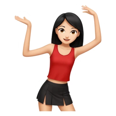 Chicas esbelta con falda corta negra y top rojo,pelo semi largo negro y lacio  super feliz,pero bailando sticker