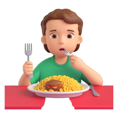 A stylized 3D character of a 6-year-old child sits at a table, looking bored at a plate of macaroni and a meat patty, absentmindedly poking the macaroni with a fork. sticker