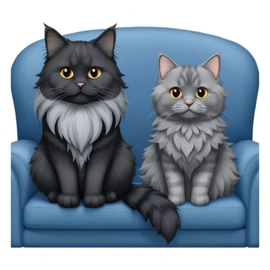 A large black smoke Maine Coon cat with long grey ear tufts and a fluffy grey ruff, sitting next to a chubby British Shorthair cat in blue color with plush fur, both sitting comfortably on a sofa. Beautiful room background with flowers and soft lighting. Transparent background. sticker