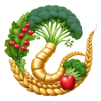 Golden wheat stalks, green leafy vegetables, bright apples, berries, broccoli, and tiny seeds surrounding a glowing spiral digestive system. Light sparkles flow through the intestines showing fiber's cleansing effect. sticker