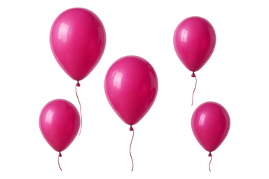 5 palloncini magenta fluttuano in aria isolati su sfondo bianco, iperrealistico 4k sticker