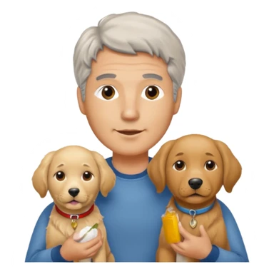 Italian man. No moustache. with salt and pepper hair holding a golden retriever and a labrador dog sticker