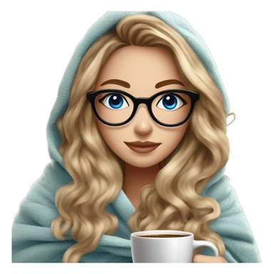 Balayage hair Girl drinking coffee, with a cozy blanket wearing glasses with blue eyes photo beautiful  sticker