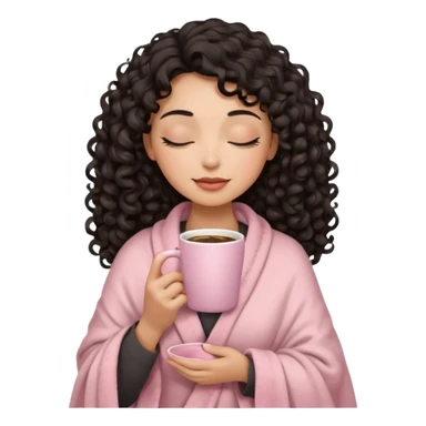 woman with hispanic medium skin tone, black long 3b curls, closed eyes, feminine face, holding soft pink coffee cup with beige blanket over shoulders sticker