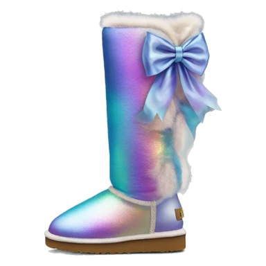 Tall Pair of iridescent fur Ugg boots with silk ribbon bow. sticker