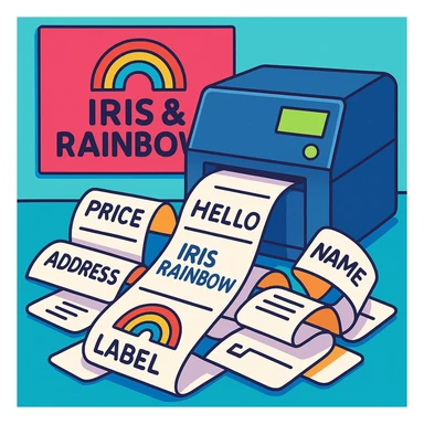 A label printer producing many labels, with a prominent 'Iris & Rainbow' logo in the background, clean and professional look, colorful, modern, vibrant, clear, playful, bright sticker