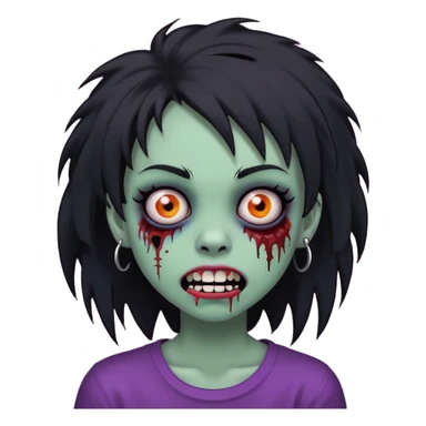 girl, zombie, black coily hair, medium long, emo, shaggy, dark, spooky, piercing on eyebrow, colourful teeth, creepy blank expression sticker