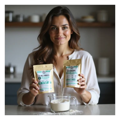realistic photograph of a woman in a kitchen with a serene expression, holding two distinct packages of Myo-Inositol and D-chiro-Inositol with clearly visible labels, pouring powders into a measuring cup, natural light sticker