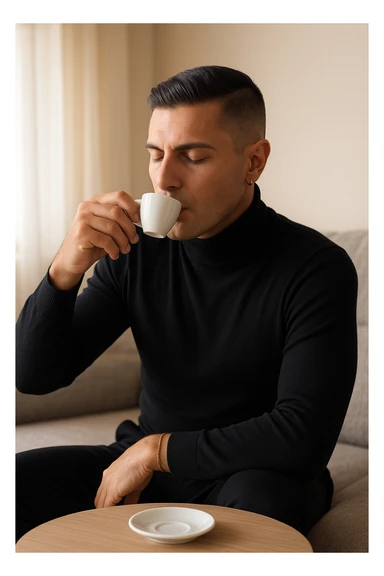 Uomo adulto in abiti casual in un ambiente domestico o ufficio tranquillo, mentre beve un caffè espresso con espressione consapevole. Subito dopo, si sdraia su un divano per un breve riposo di 20 minuti, occhi chiusi, posizione rilassata. La stanza è luminosa ma tranquilla, luce pomeridiana morbida che filtra dalla finestra. Atmosfera rigenerante e silenziosa. Accanto a lui, una tazzina vuota. Il suo viso appare calmo, in attesa del recupero energetico sticker