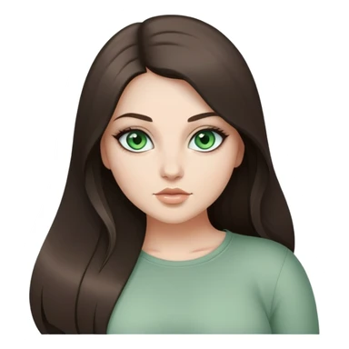 Curvy but beautiful brunette girl, desaturated green eyes, pin straight super long hair, modern style sticker