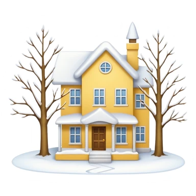 Yellow-white house. A small tree. Winter sticker