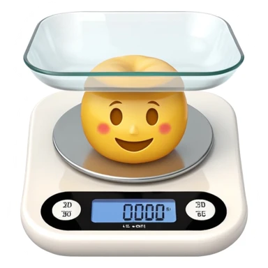 iOS-style 3D emoji: a small digital kitchen scale with a flat platform and an LCD screen displaying 0 g. sticker