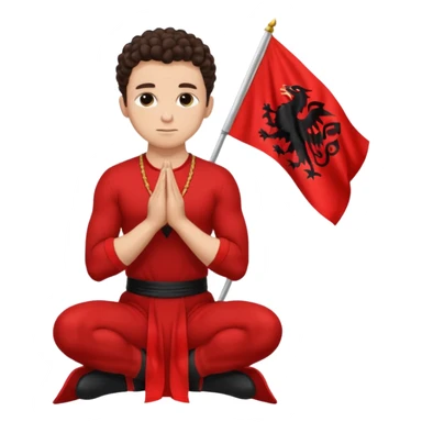 Brunette man clean shaven with slick back curly hair on his knees praying to an Albanian flag sticker