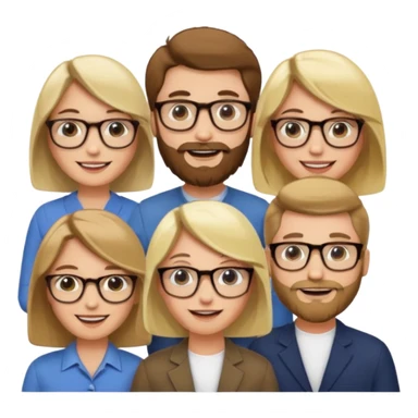 A man with hair and glasses and  a woman with long brown hair and a man with a beard and a woman with a blonde bob sticker