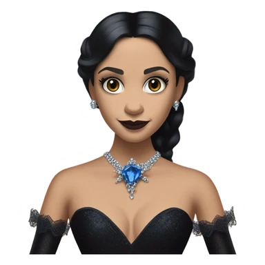 relaxed low-cut slinky black evening ball gown with lace gloves, Jenna Ortega as Morticia Addams wearing a mini diamond tiara showing off a cute blue horned dragon ventriloquist puppet sticker