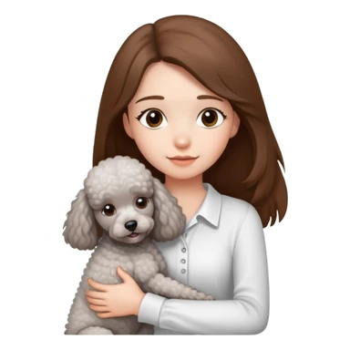 A girl with long straight hair and a white shirt hugs a small light gray poodle sticker