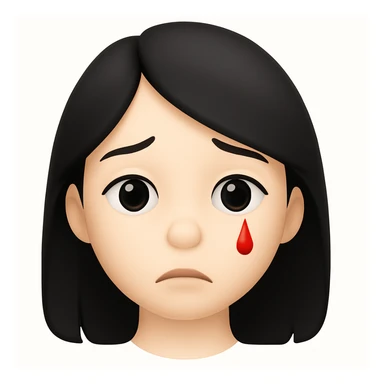 Make the character look like the official Apple emoji style. Replace the lots of blood with a single small red tear. Keep her pale skin, black straight hair, and a subtle sad expression. The style should mimic the Apple emoji style closely. sticker