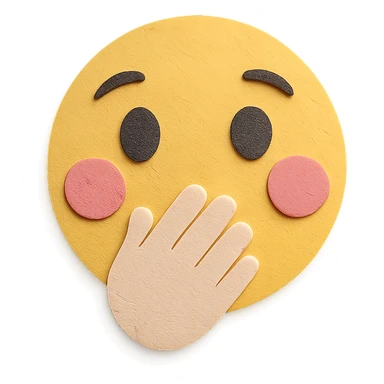 happy face with hand over mouth, wide eyes, pink cheeks, paper craft style sticker