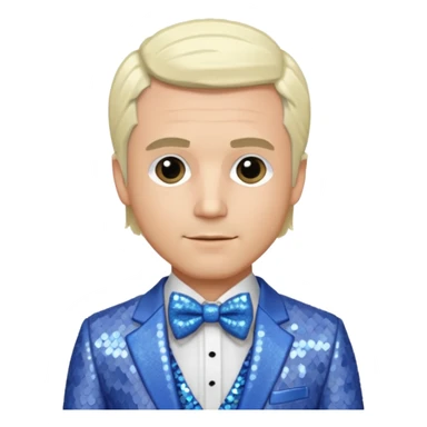Freddie Prinze Jr with platinum blonde hair, periwinkle sequin suit with bow tie sticker