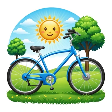 blue bike emoji with a park scene behind, green grass, sun in the sky, friendly and colorful sticker