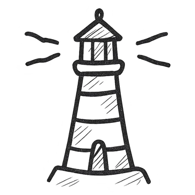Lighthouse icon, simple and clean, black and white, minimalist design, hand drawn style, no additional details sticker