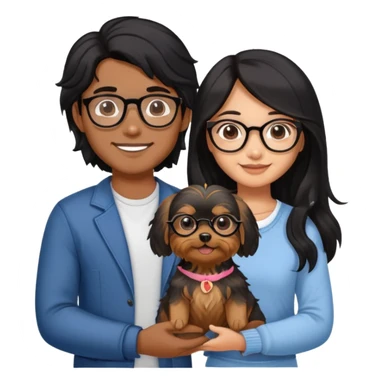“An Asian girl with long, wavy black hair (loose, no hair tie) next to her smiling boyfriend—a brown-skinned man with a MIDDLE PART HAIr and glasses. Together, they’re holding a small Yorkshire Terrier sticker
