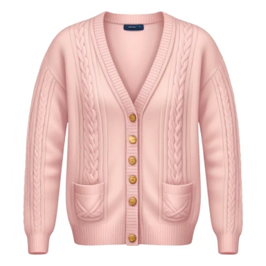 A soft pink cardigan with a cozy design sticker