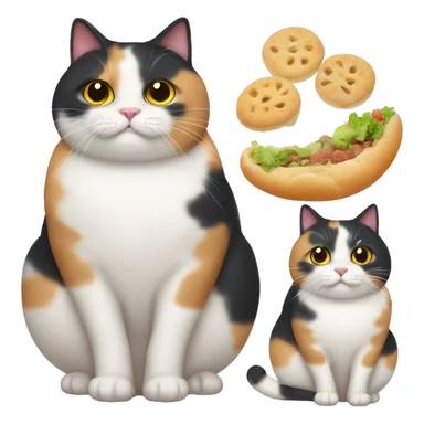 Fat calico cat with food sticker